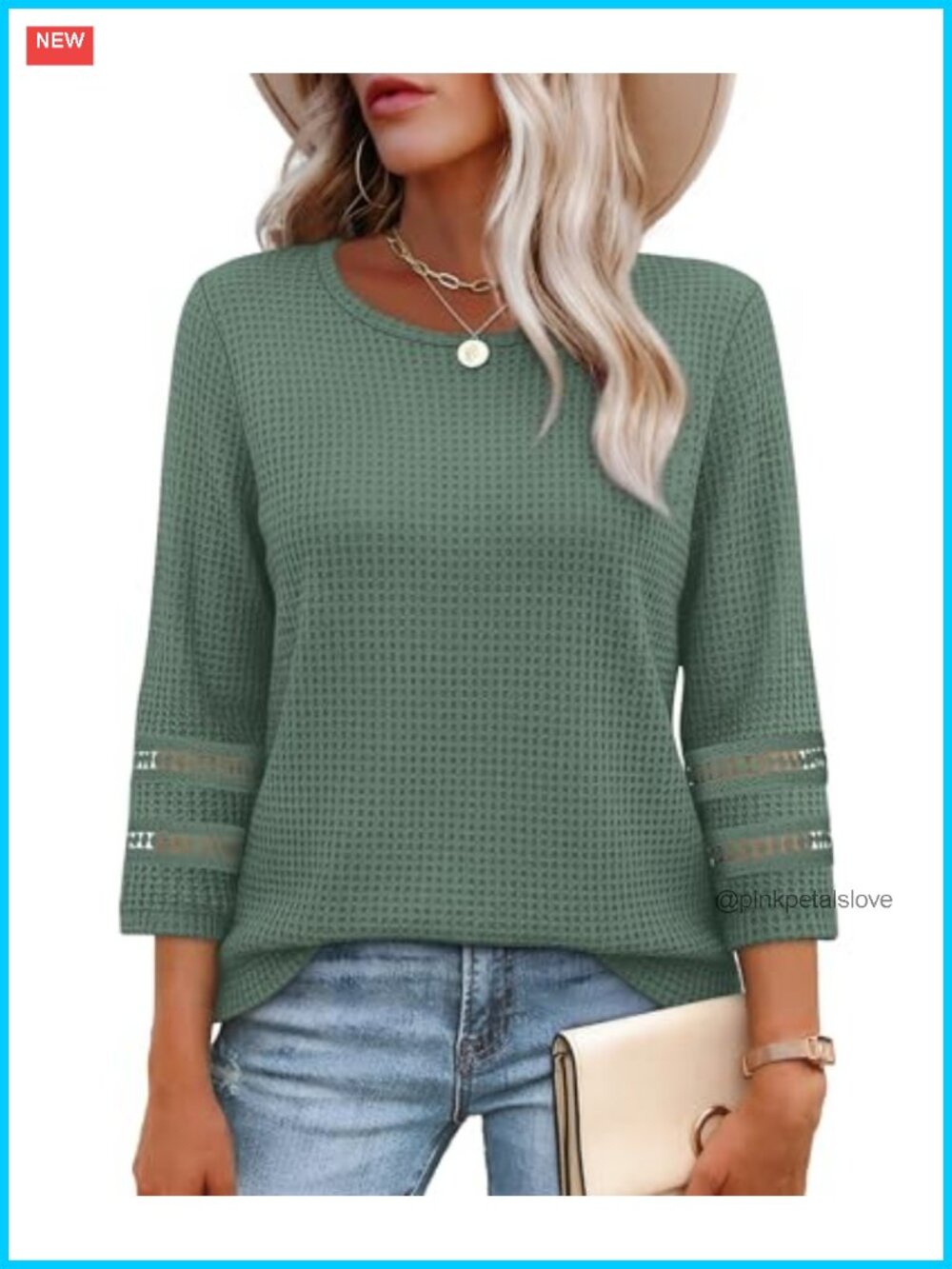 Womens Dressy Casual Lace Crochet 3/4 Sleeve Waffle Knit Tunic Blouse Top